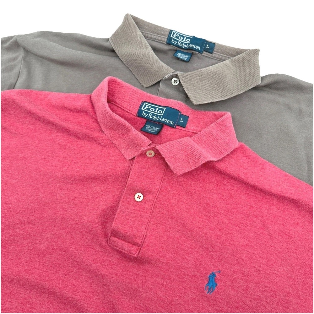 Lot of 2 Polo Ralph Lauren Polo Shirts Mens L Olive Pink Cotton Logo *FLAWS